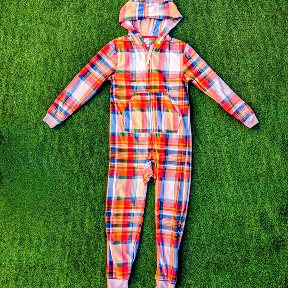 Cat & Jack Girls Fleece Union Suit One Piece Hooded Pajama Plaid Medium Sz8 EUC - Picture 4 of 5